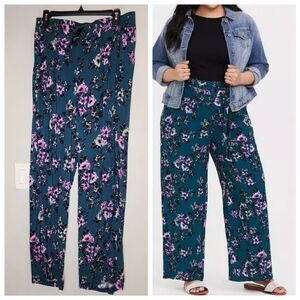 NWT Torrid Teal Floral Challis Wide Leg Pant Pull-On Belt Size Large Rayon Flowy